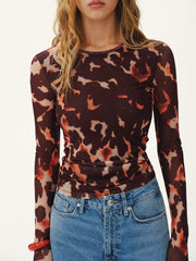 Leopard Print Mesh Fitted Long-Sleeve Top