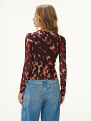 Leopard Print Mesh Fitted Long-Sleeve Top