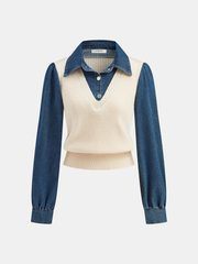 2 in 1 Denim Paneled Knit Top