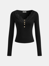 Lace Trim V-Neck Long-Sleeve Top
