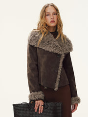 Shearling Collar Suede Effect Short Jacket