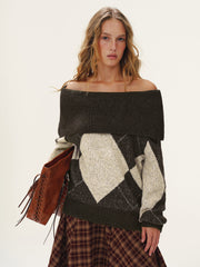 Argyle Pattern Off-Shoulder Sweater