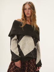 Argyle Pattern Off-Shoulder Sweater