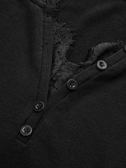 Lace V-Neck Button Ribbed Long Sleeve Top