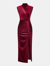 Sleeveless Side Slit Velvet Mock Neck Maxi Dress