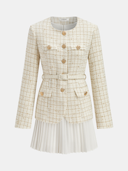 Belted Tweed Jacket and Pleated Mini Skirt Set