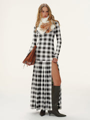 Plaid Turtleneck Long Sleeve Slit Maxi Dress