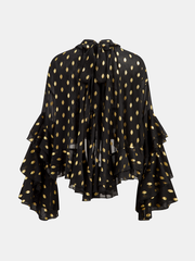 Semi-Sheer Foil Spot Print Ruffle Chiffon Blouse