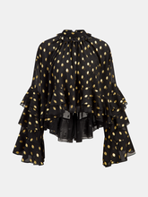 Semi-Sheer Foil Spot Print Ruffle Chiffon Blouse