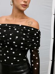 Off-Shoulder Polka Dot Chiffon Blouse