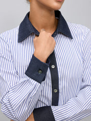 Denim Panel Striped Long-Sleeve Shirt