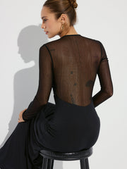 Cross-Front Ruched Mesh Paneled Maxi Dress