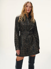 Belted Leopard Print Shirt Dress