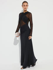 Cross-Front Ruched Mesh Paneled Maxi Dress