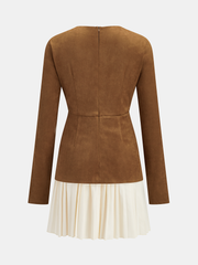 Pleated Hem Panel Suede Effect Mini Dress