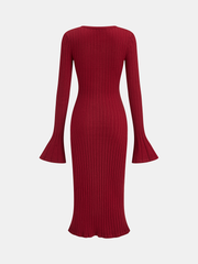 Bell Sleeve Mermaid Hem Horsebit Knit Midi Dress