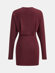 Deep V-Neck Ruched Long-Sleeve Mini Dress