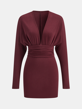 Deep V-Neck Ruched Long-Sleeve Mini Dress