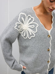 Floral Appliqué Scalloped Edge Wool-Blend Cardigan