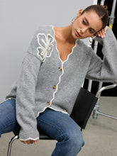 Floral Appliqué Scalloped Edge Wool-Blend Cardigan