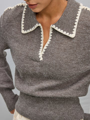 Contrast Embroidered Trim Polo Sweater