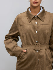 Belted Collared Suede Effect Jacket