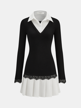 Color-Block Collared Pleated Lace Detail Mini Dress