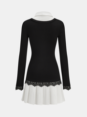 Color-Block Collared Pleated Lace Detail Mini Dress