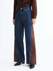 Contrast Panel Mid-Waist Denim Wide-Leg Jeans