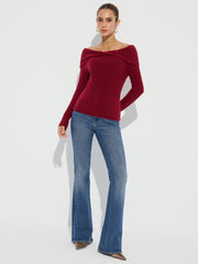 Wool Blend Twisted Off-Shoulder Knit Sweater