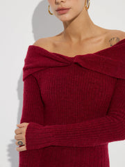 Wool Blend Twisted Off-Shoulder Knit Sweater