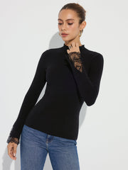 Mock Neck Lace Cuff Knit Top