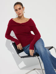 Wool Blend Twisted Off-Shoulder Knit Sweater