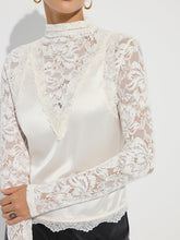 Mock Neck Lace Paneled Satin Blouse