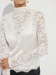 Mock Neck Lace Paneled Satin Blouse