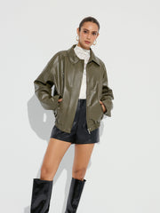 Collared Zipper PU Leather Jacket