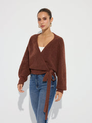 Wool Blend V-Neck Wrap Knit Top