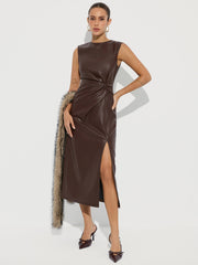 Twisted Faux Leather Sleeveless Slit Midi Dress
