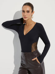 Bra-Free Deep V-Neck Lace Panel Bodysuit