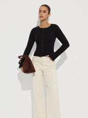 Cinched Waist Crew Neck Knit Cardigan