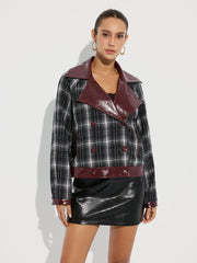 Faux Leather Panel Plaid Short Coat