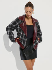 Faux Leather Panel Plaid Short Coat