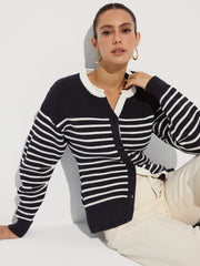 Striped Button-Front Knit Cardigan