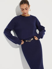 Crew Neck Knit Sweater and Ribbed Midi Skirt