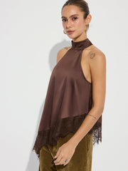 Asymmetric Lace Hem Satin Halter Top
