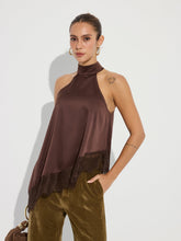 Asymmetric Lace Hem Satin Halter Top