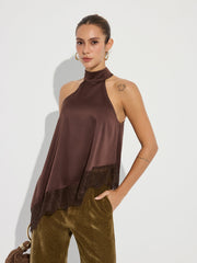 Asymmetric Lace Hem Satin Halter Top