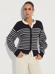 Striped Button-Front Knit Cardigan