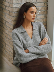 Wool Blend Collared V-Neck Sweater
