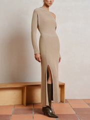 Wool-Blend Slit Knit Maxi Dress without Belt